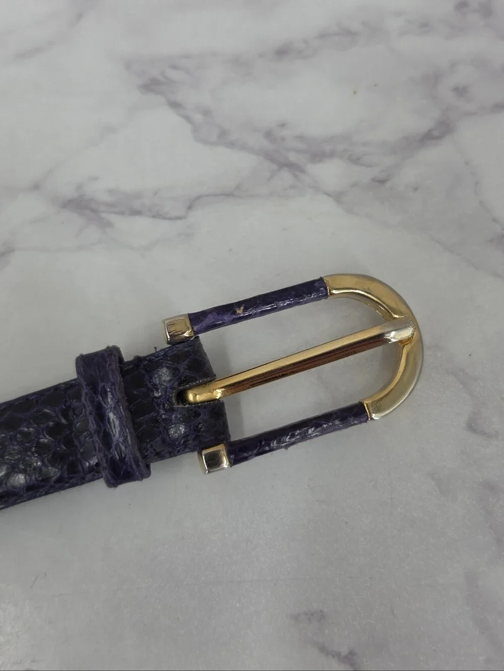 Vintage Snakeskin Leather Slender Purple Belt with Gold Tone Buckle 80s